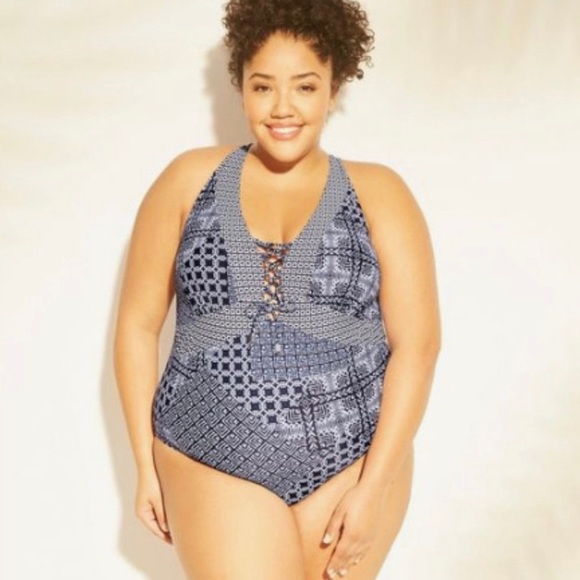 New Kona Sol Navy Geometric Swimsuit 26W - Picture 7 of 8